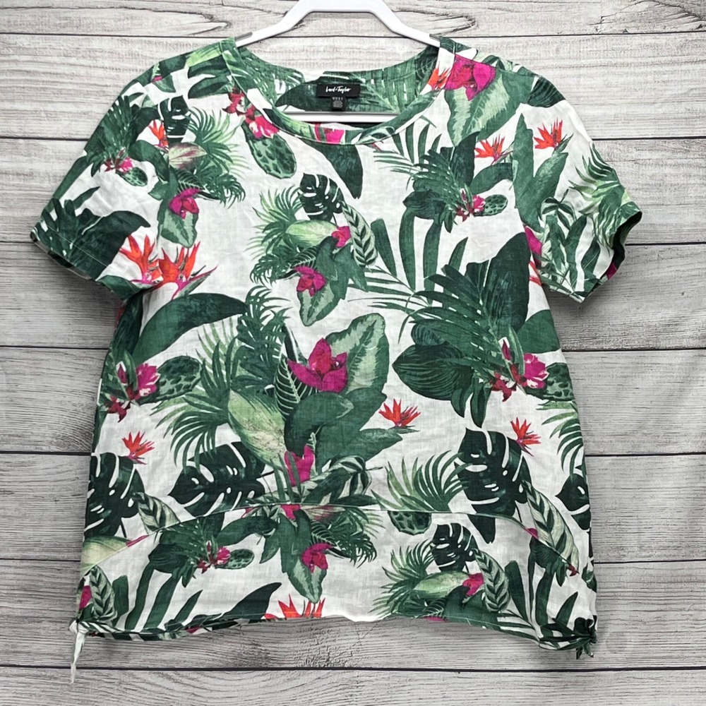 Lord & Taylor Women Green White Tropical Floral 100% Linen Short Sleeve Top M